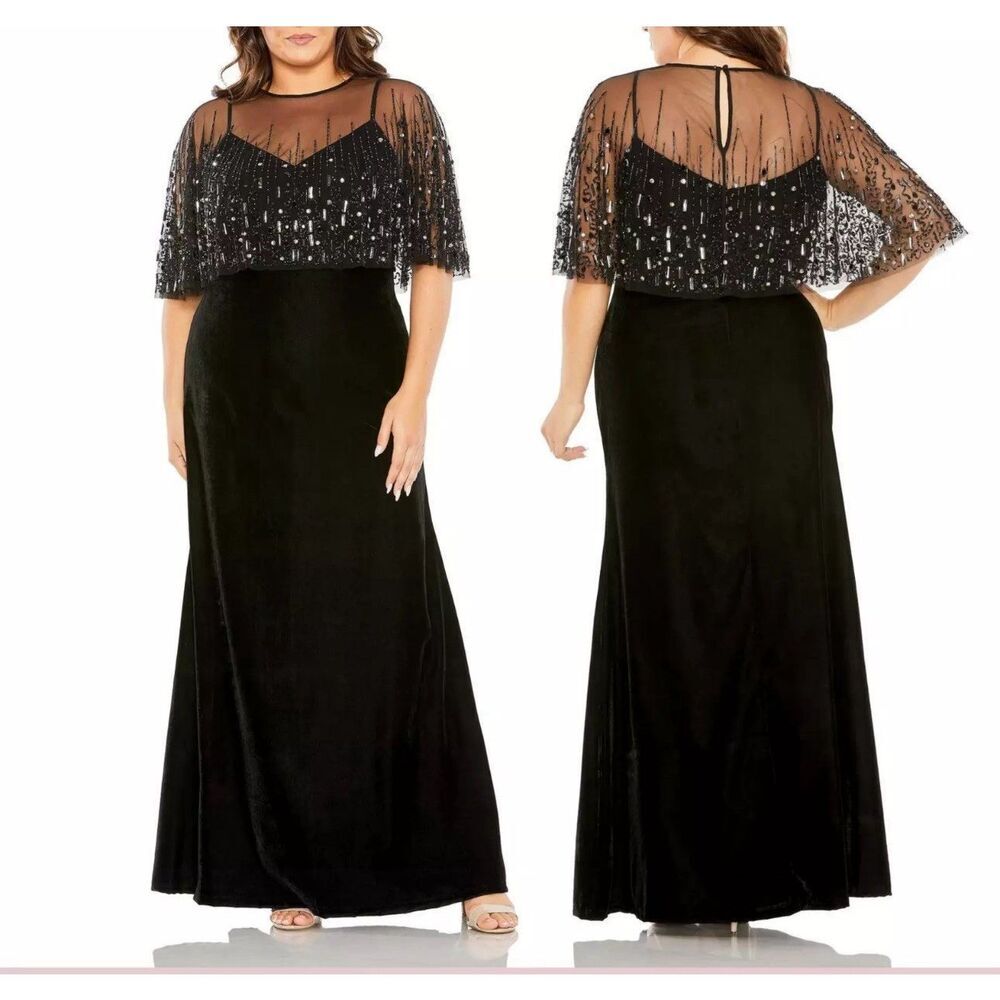 Elegant Black Evening Gown with Sequin Cape